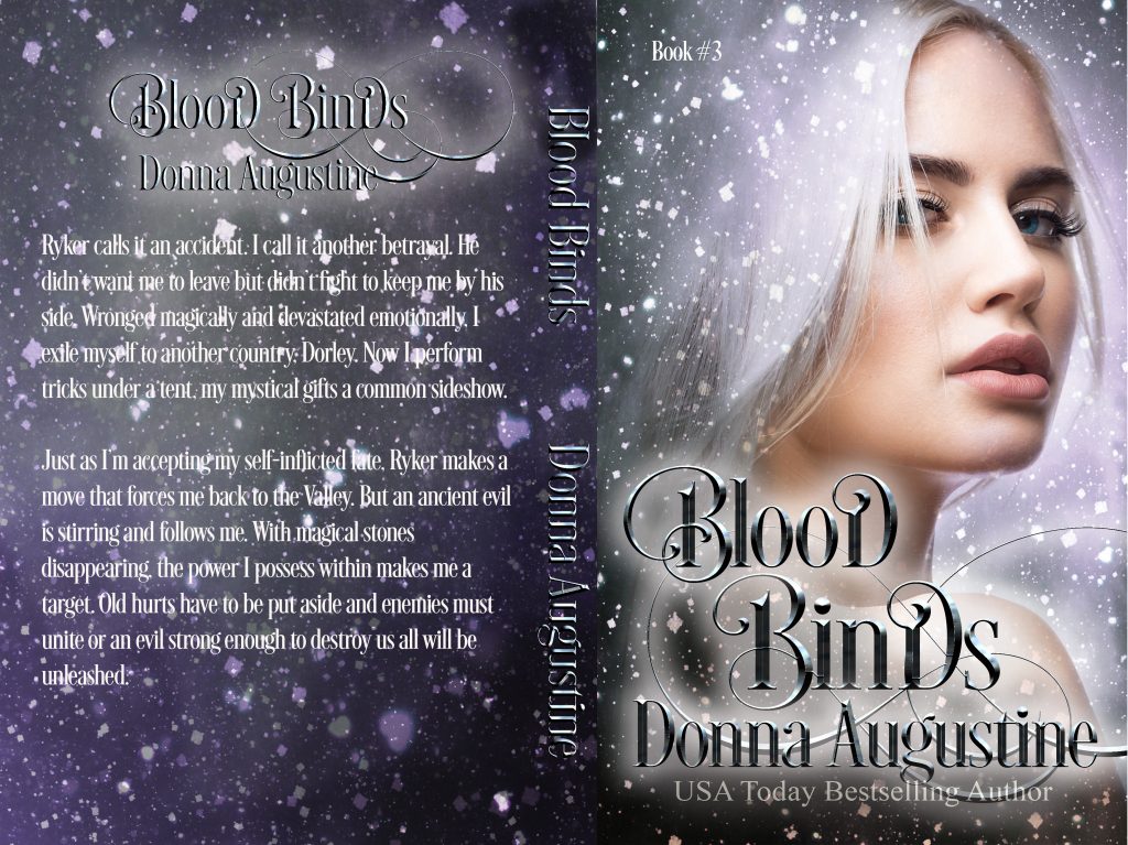 The cover of Blood Binds, Wyrd Blood book three. It shows a blonde woman looking out with sparkles around her head on a purple background. 